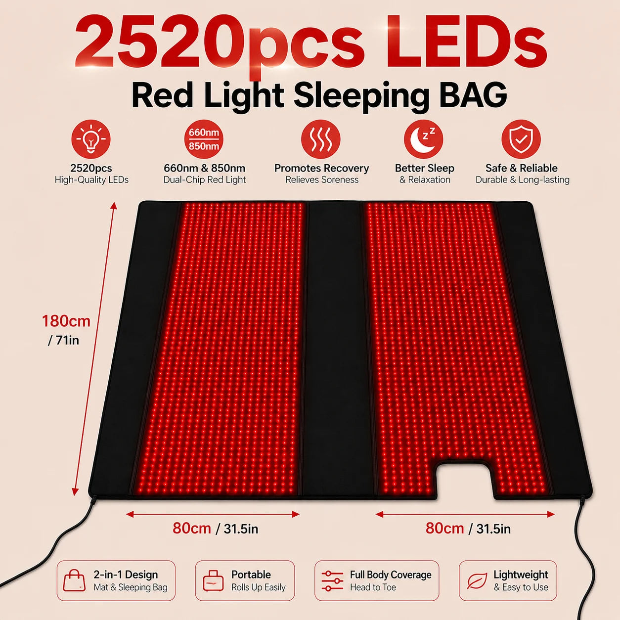 Red Light Therapy Sleeping Mat, Full Body LED Red Light Pad with 660nm & 850nm Near Infrared Light for Relaxation, Wellness